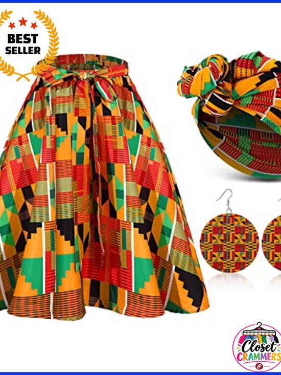 Dresses & Skirts - African Print High Waist Midi Skirt Headwrap Earrings 3 Pc Set
